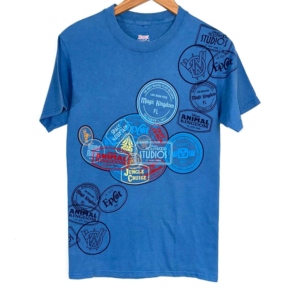 Disney Parks Passport Stamps Blue Epcot Magic Kingdom Short Sleeve T-Shirt Small